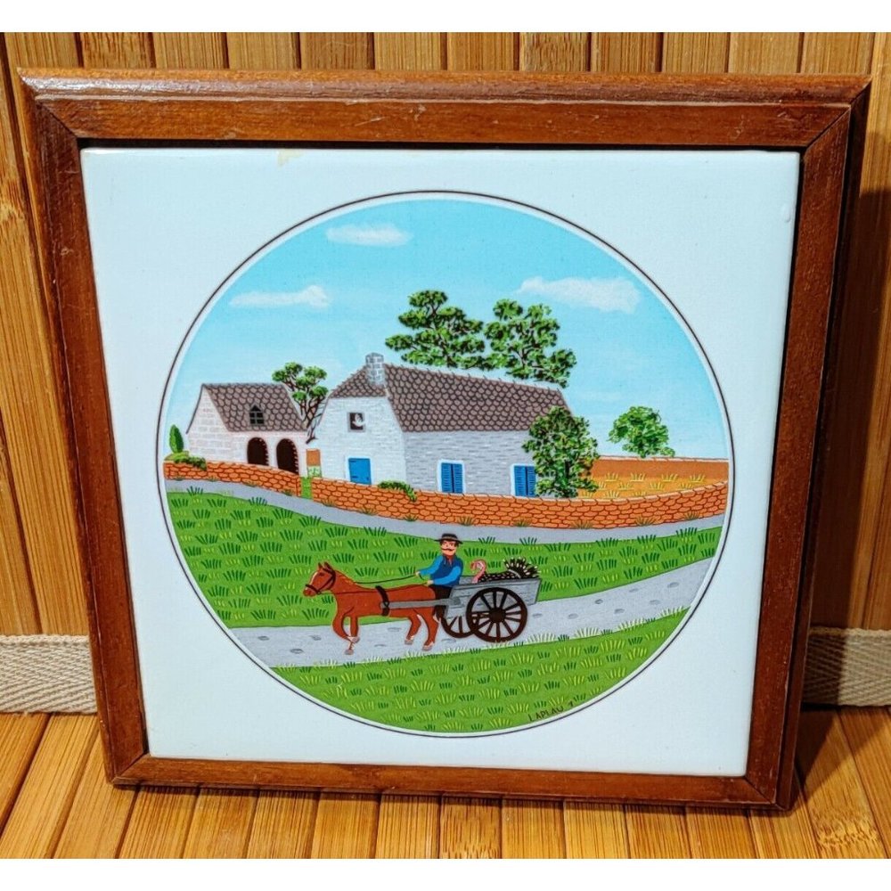 Farmer w/ Turkey in Wagon Design 7"  LAPLAU Ceramic on Wood Trivet Decor Plate